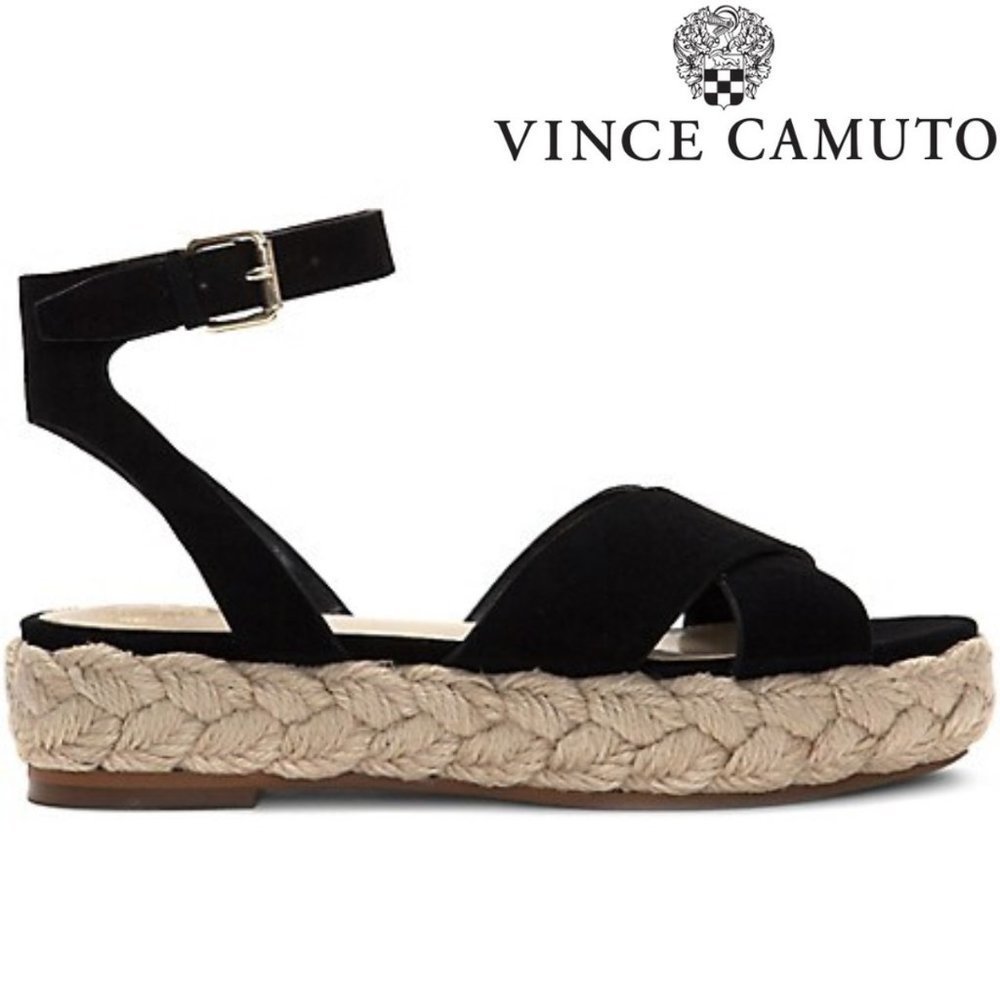 NEW Vince Camuto Delindan Black Suede Wedge Ankle Strap Sandal Black  9 and 10